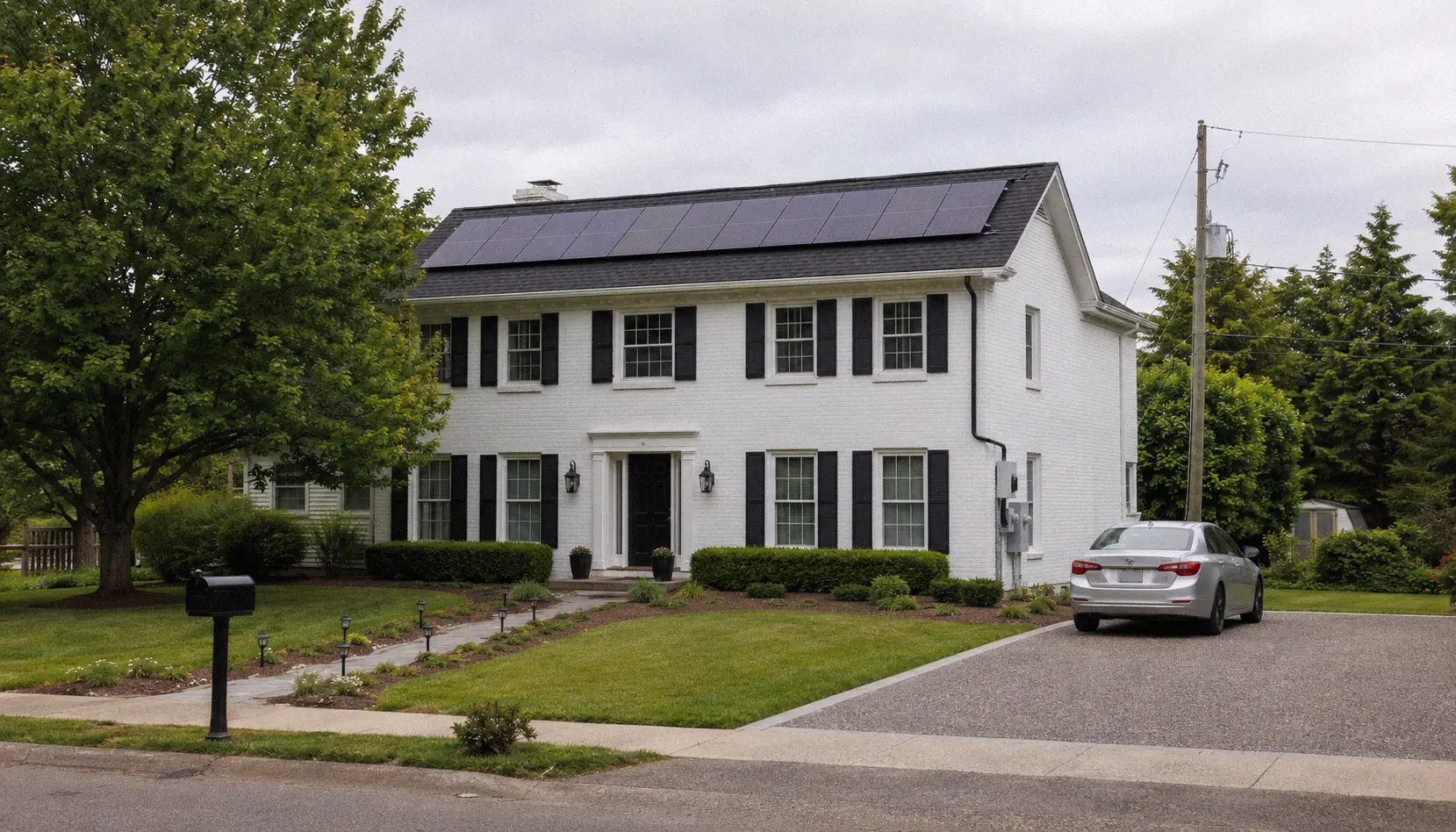 Suburban home with rooftop solar panels connected to the utility grid
