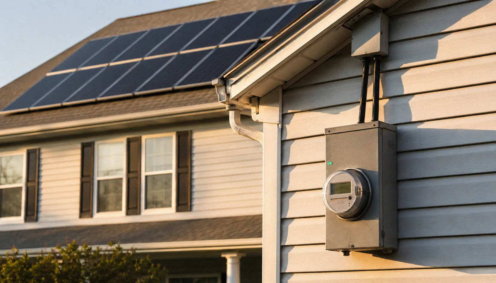 Bidirectional meter on a home with solar panels sending excess energy to the grid