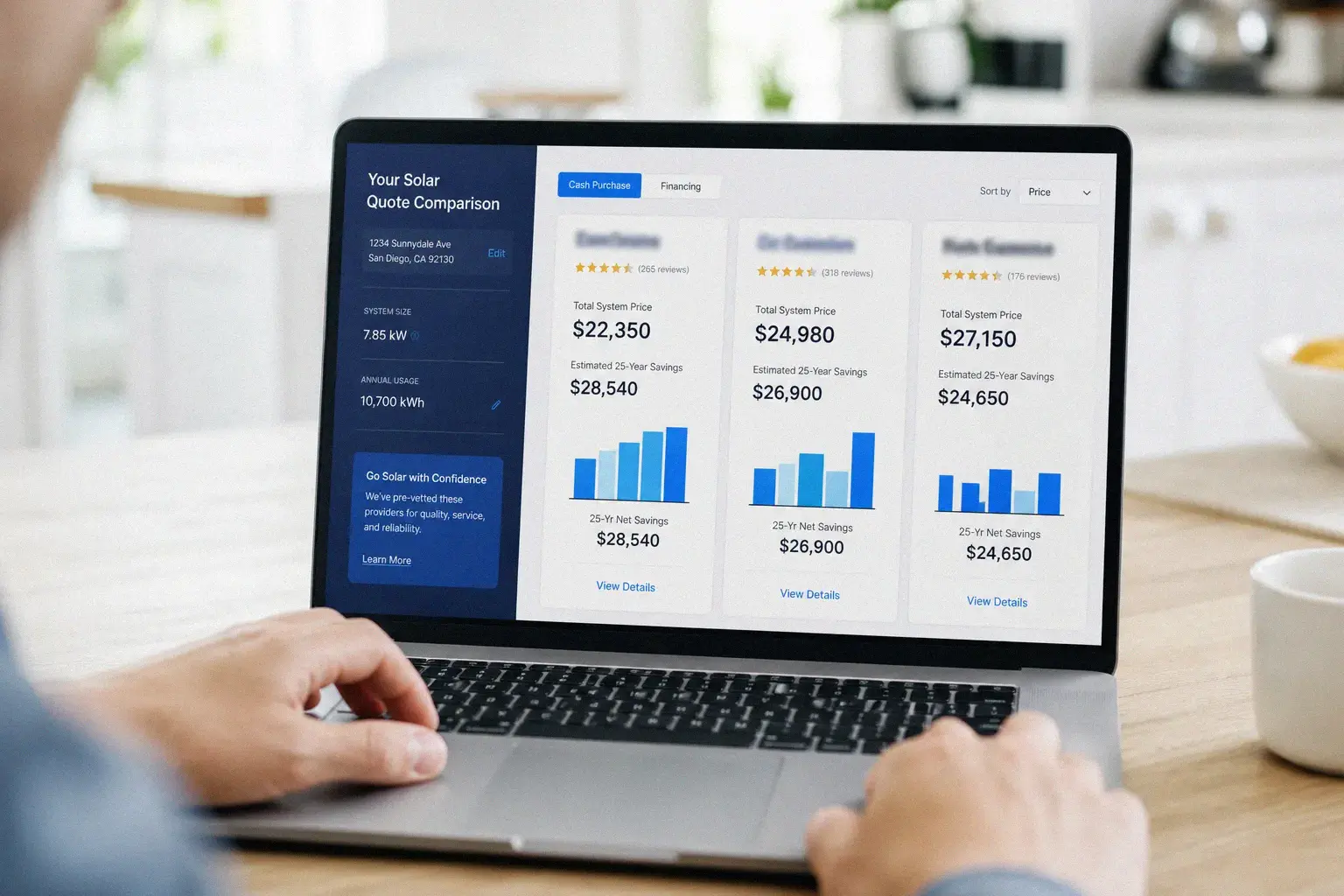 Solar cost comparison tool showing multiple installer quotes side by side