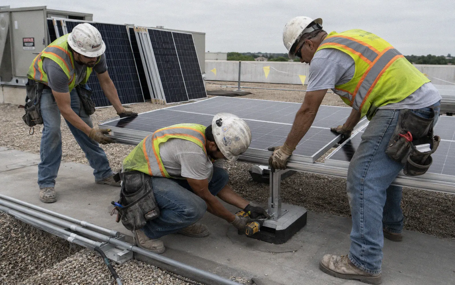 Solar panels being installed on a commercial rooftop by a crew of workers