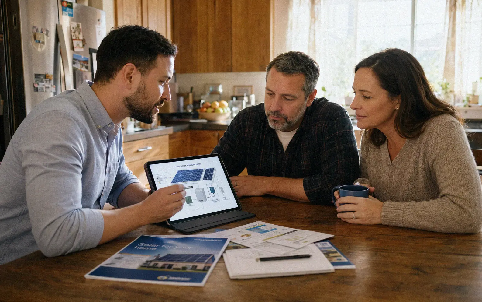 Solar sales professional presenting a system proposal to a homeowner