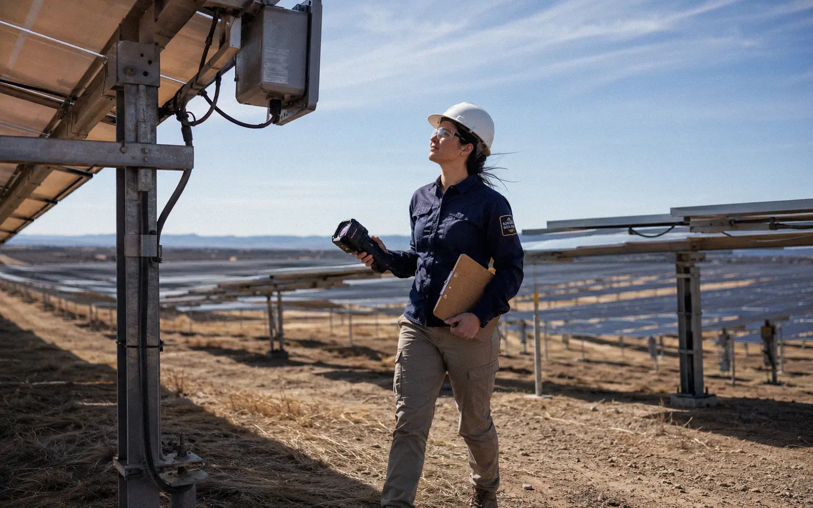 Solar technician inspecting panels at a utility-scale solar farm