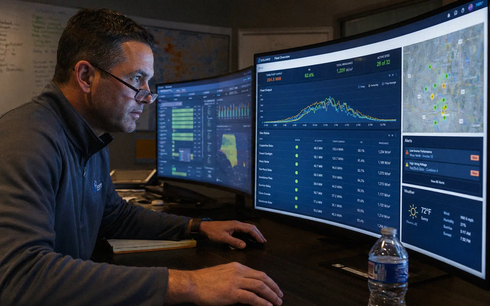 Professional reviewing solar energy production data on multiple monitors