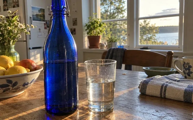 Blue glass bottle of water beside a half-full drinking glass on a kitchen table
