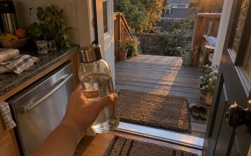 Hand carrying a glass bottle of water indoors at sunset