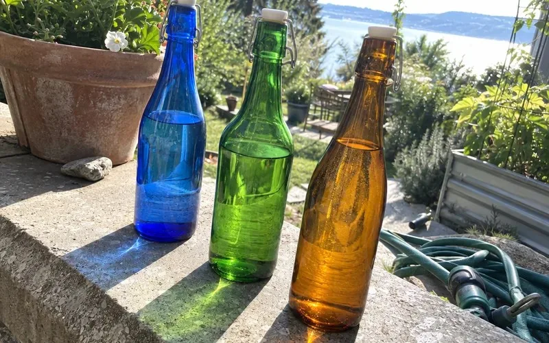 Blue, green and amber glass bottles of water lined up in sunlight