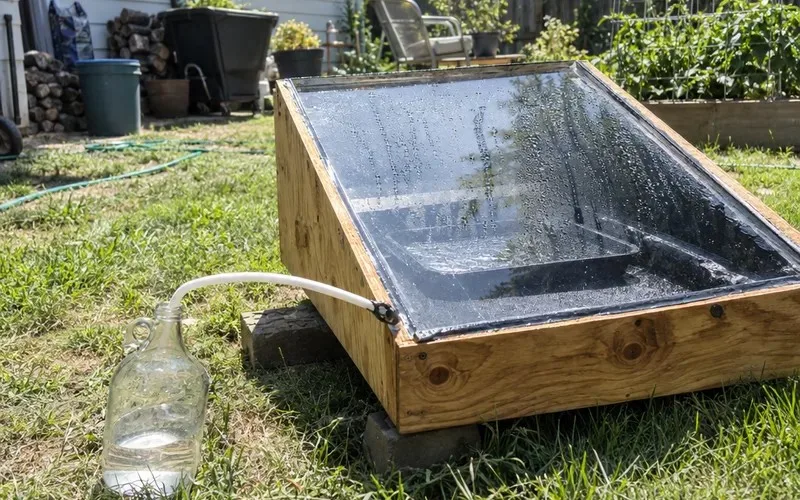 Homemade solar still with condensation on slanted glass draining into a glass jug