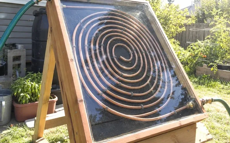 DIY solar water heater collector with a copper coil under glass in a sunny yard