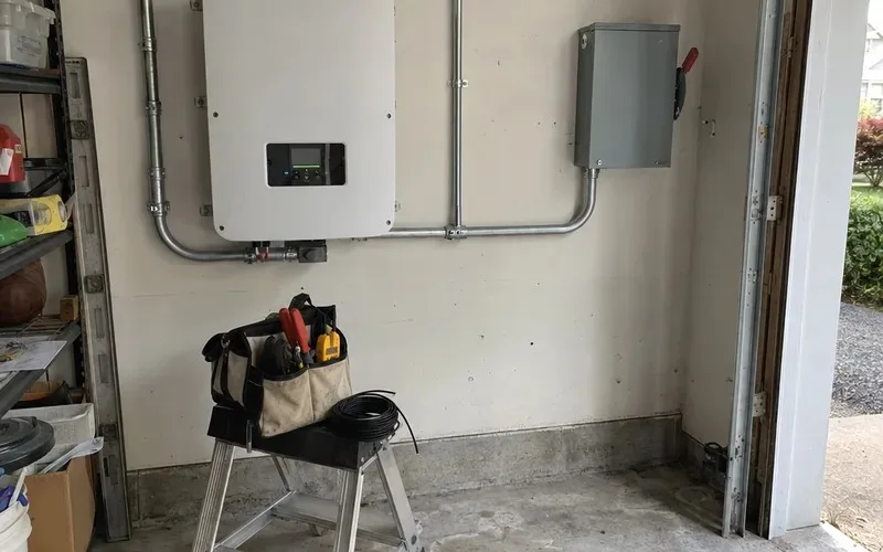 Electrician tools on a stool below a solar inverter and disconnect on a garage wall