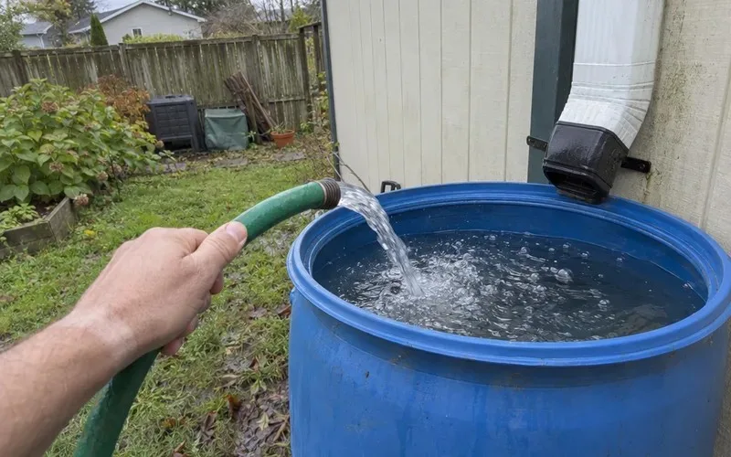 Garden hose running water into a rain barrel, like a source that keeps refilling