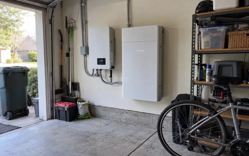 Home battery and solar inverter mounted on a garage wall
