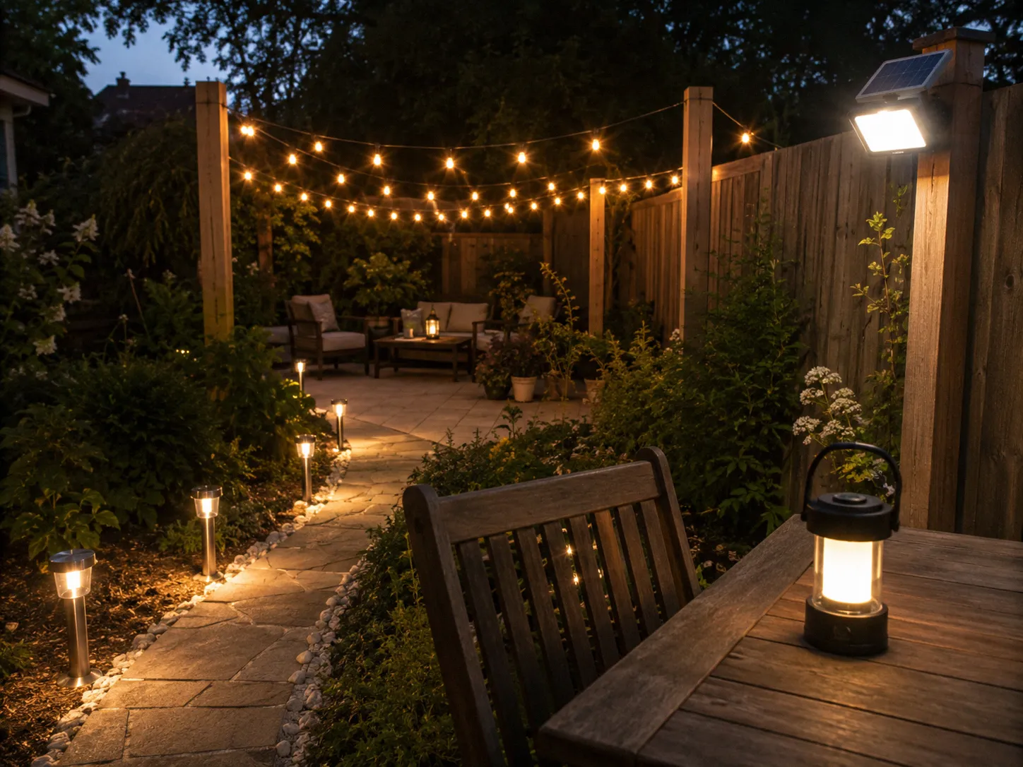 Four types of solar lights arranged in a backyard at dusk showing pathway stakes, a flood light on a fence post, string lights over a patio, and a camping lantern on a table