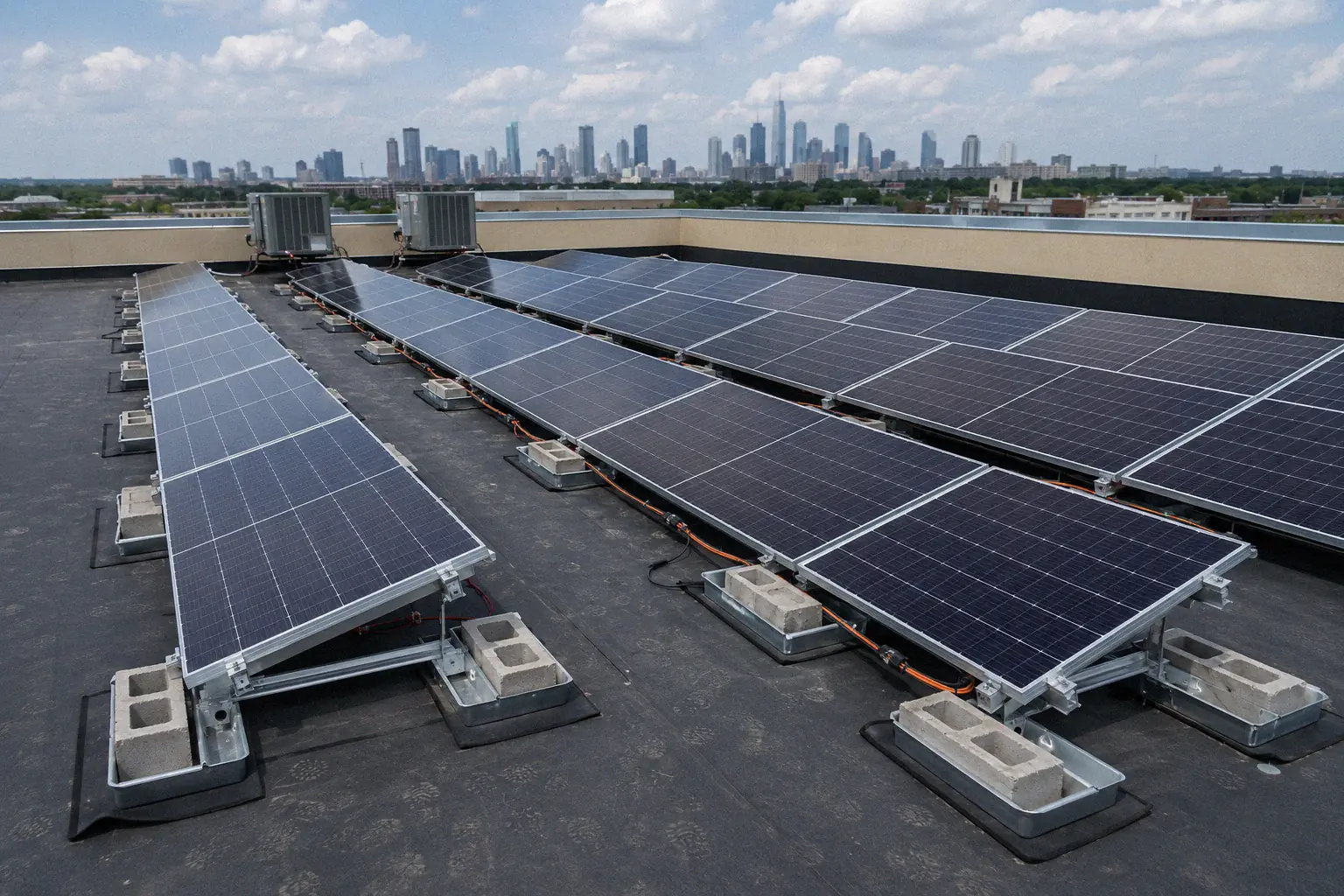 Completed ballasted solar array on a flat EPDM rubber roof