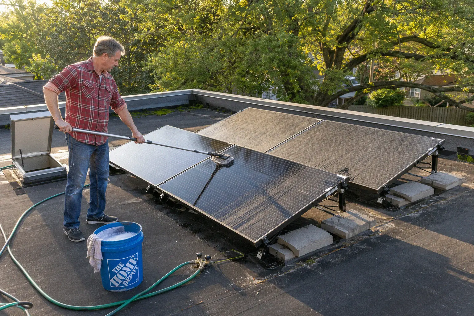 Homeowner cleaning and inspecting solar panels on a flat rubber roof