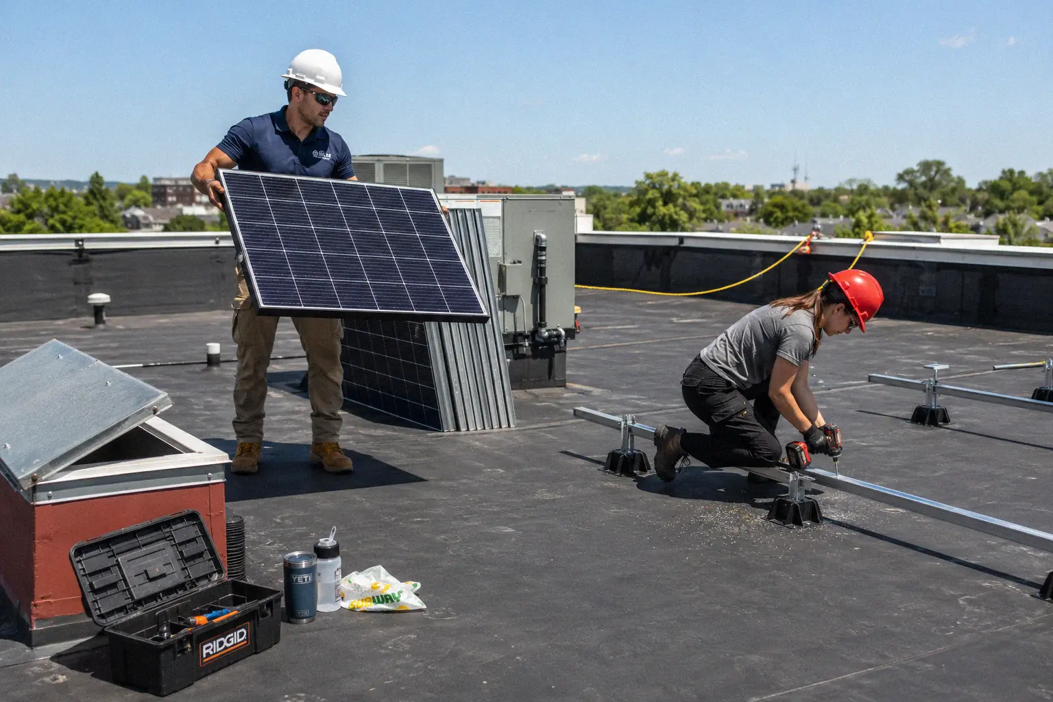 Professional crew completing a solar panel installation on a commercial flat roof