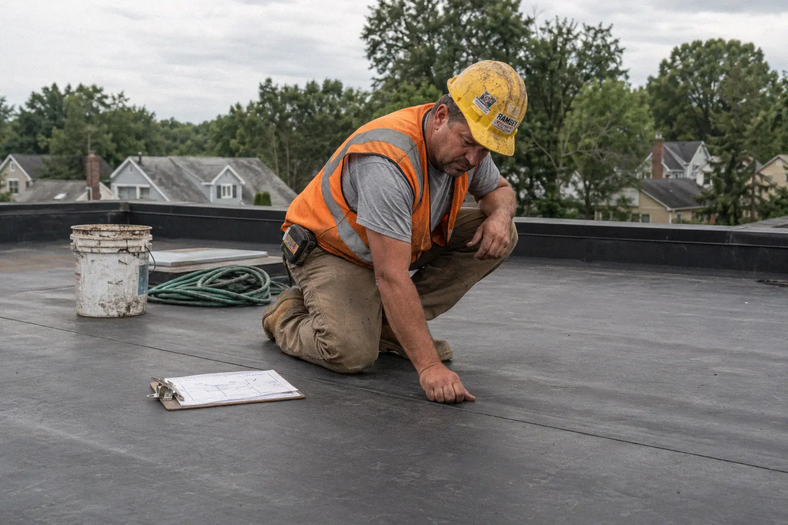 Structural engineer reviewing a flat rubber roof before solar panel installation