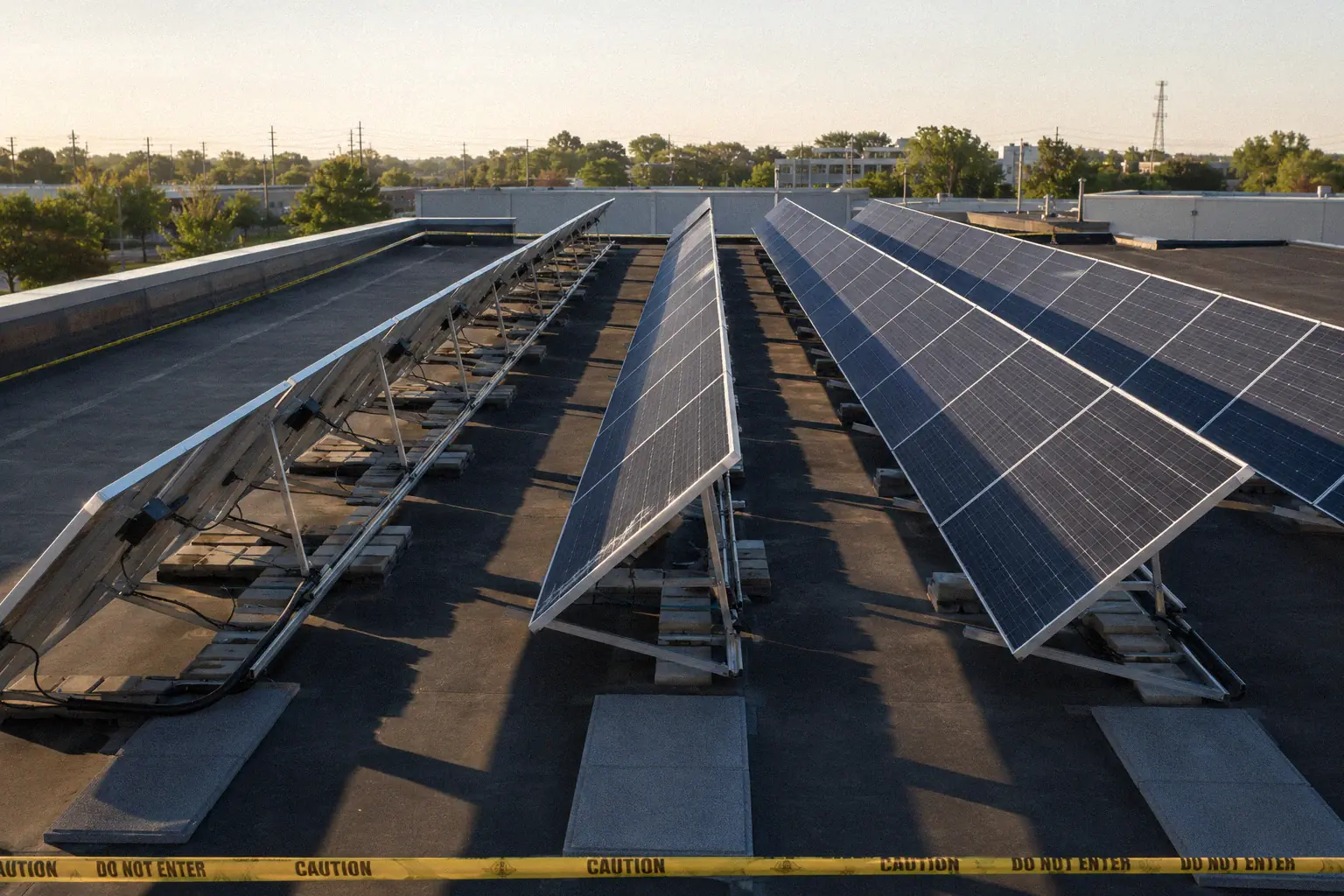 Tilted solar panel rows arranged for optimal sun exposure on a flat rubber roof
