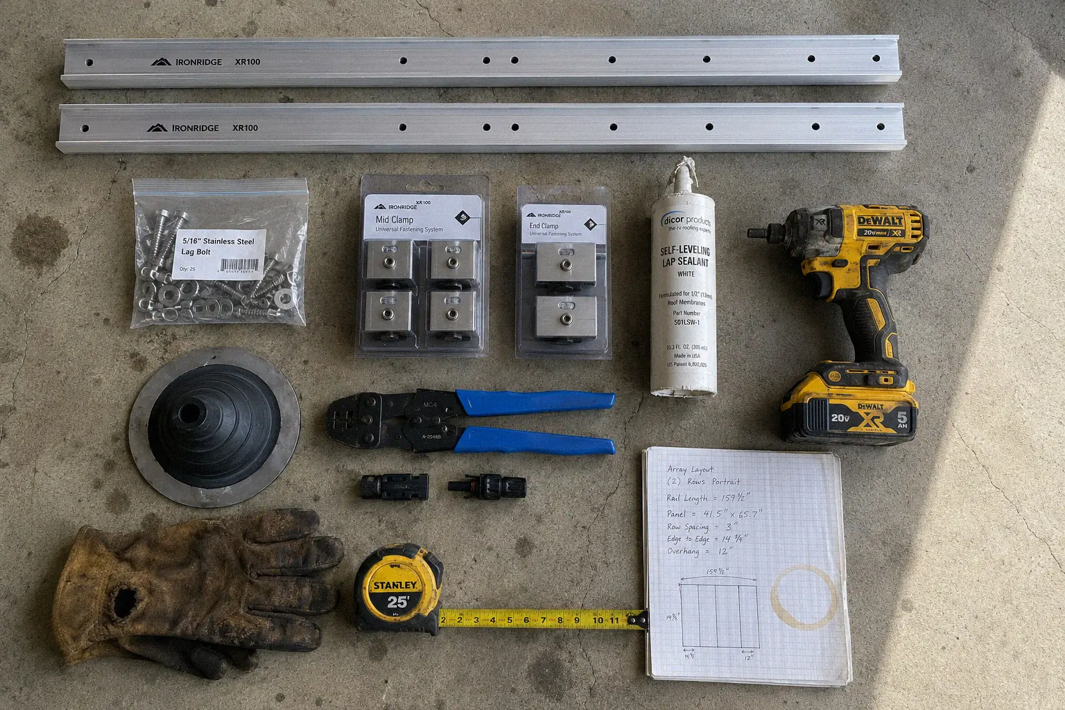 Solar panel racking hardware and tools organized for a flat roof installation
