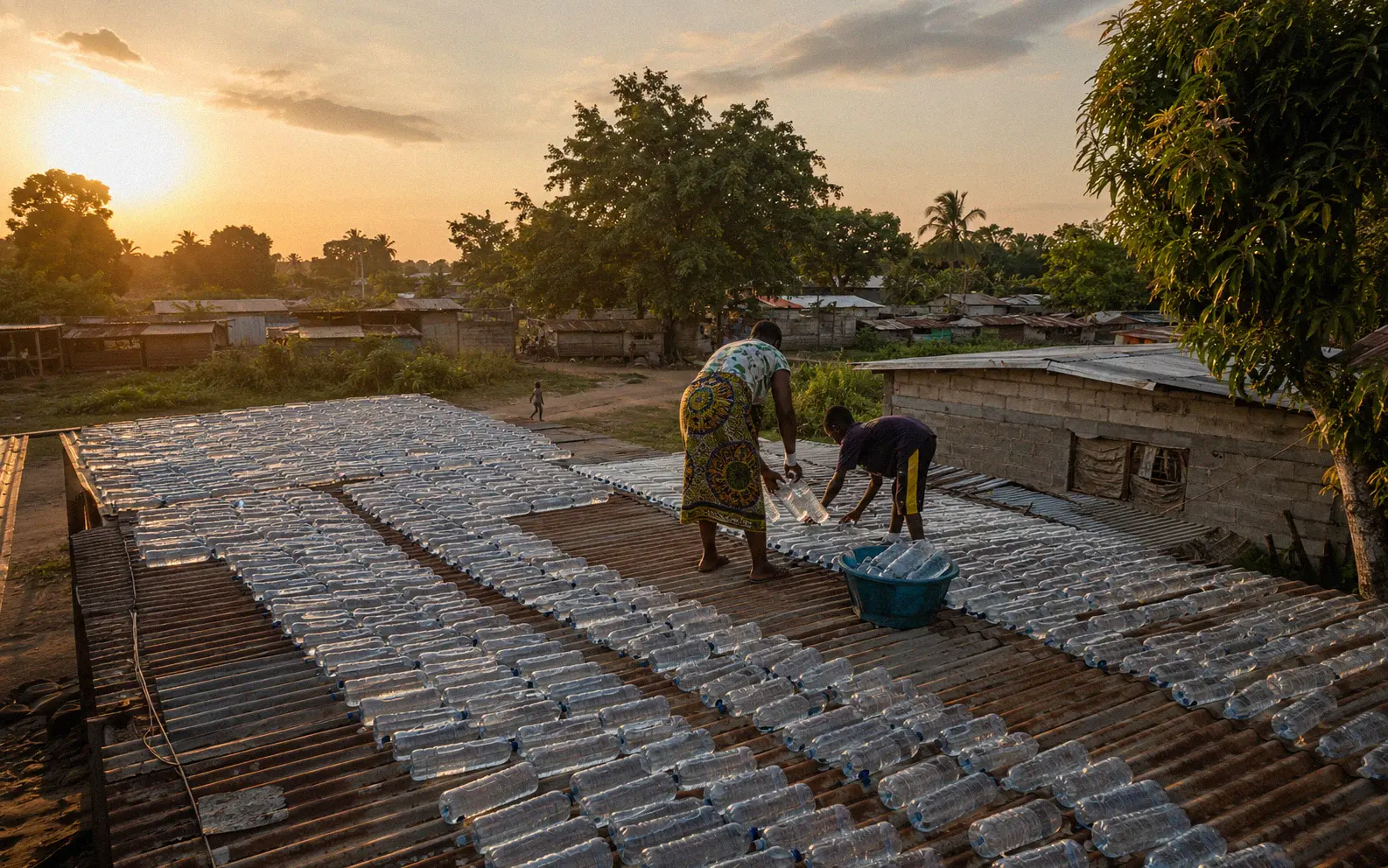 Community solar water disinfection station with rows of PET bottles on a rooftop in a developing region