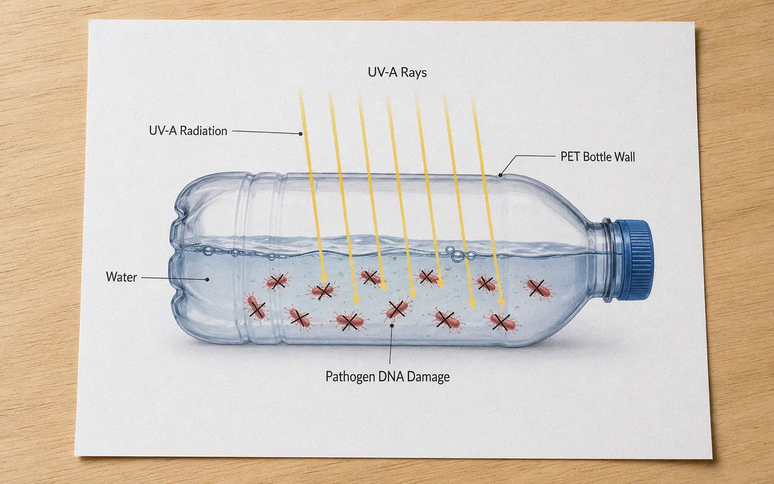 Diagram showing UV rays penetrating a water bottle and destroying bacteria inside