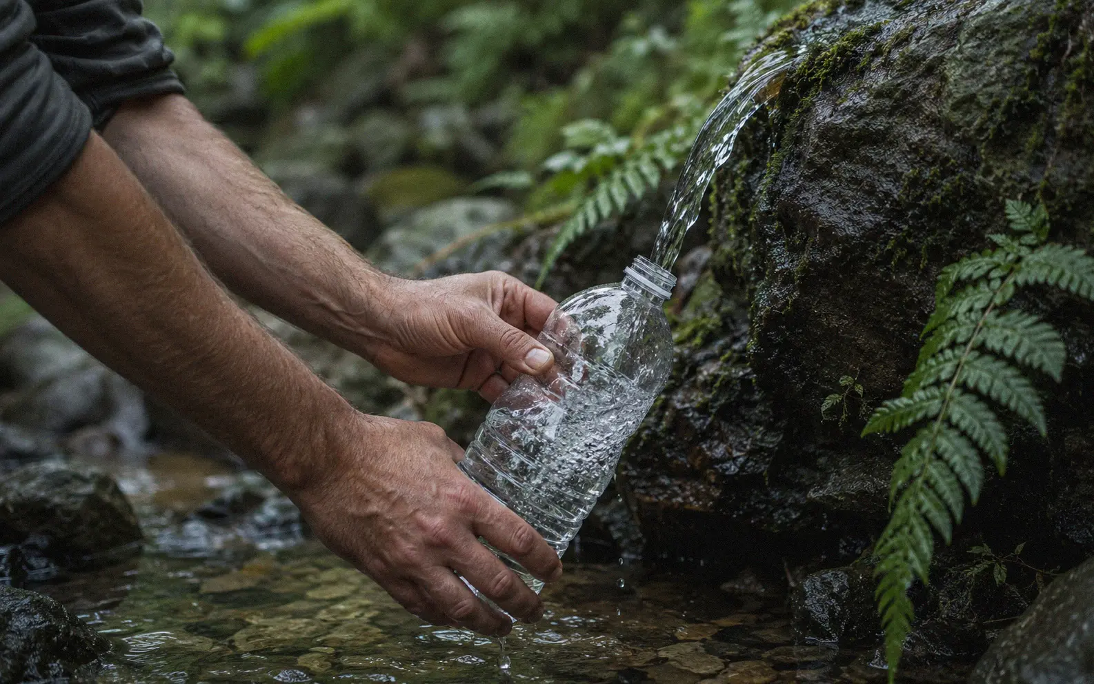 Person filling a clear water bottle from a stream for solar purification