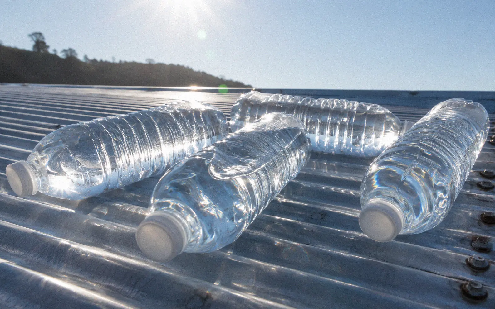 Water bottles laid across a reflective corrugated metal sheet for enhanced UV exposure