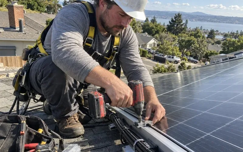 Solar installer tightening a panel clamp with a drill on a roof