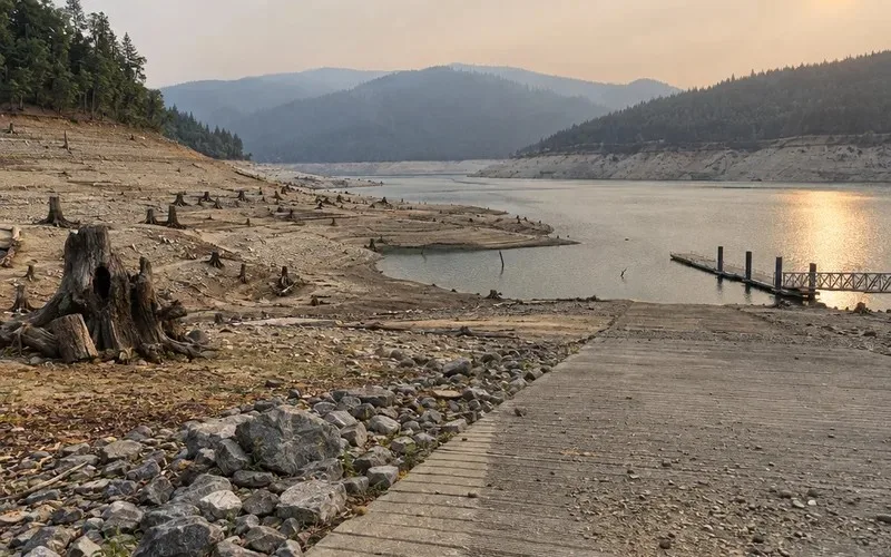 Low reservoir with a wide band of exposed shoreline during a drought