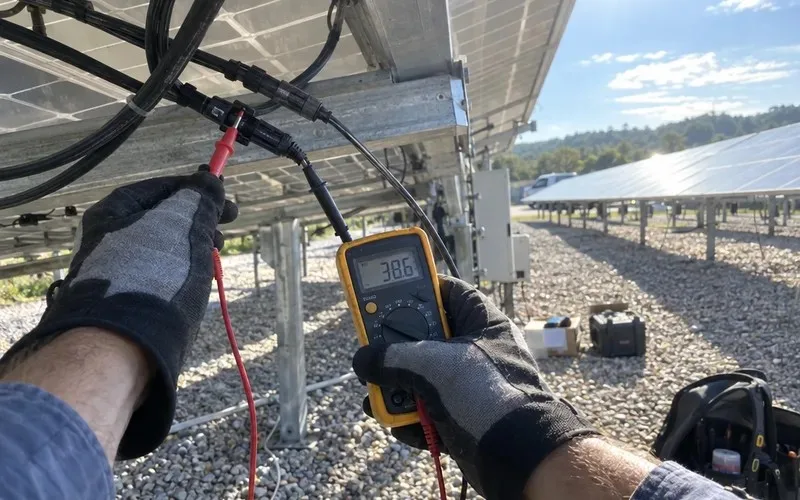 Hands testing a solar panel connector with a multimeter at a solar farm