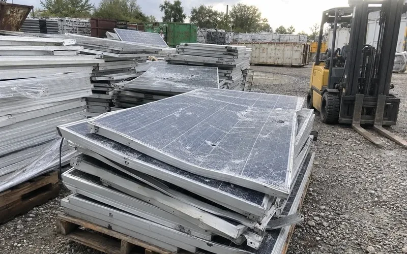 Used solar panels stacked on pallets at a recycling yard