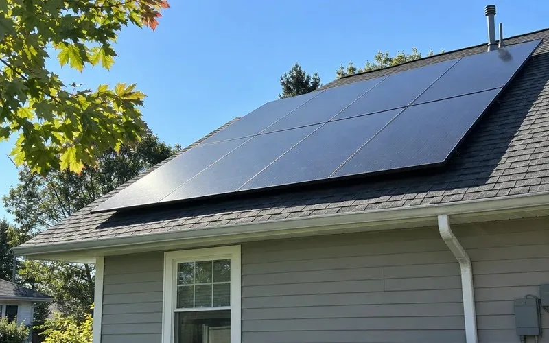 Solar panels on a suburban house roof in bright morning sun