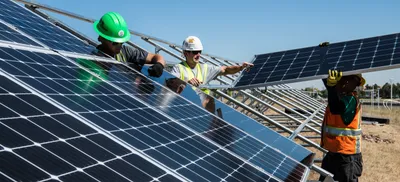 Workers maintaining solar panels on a large solar farm