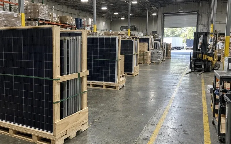 New solar modules stacked on pallets inside a factory warehouse