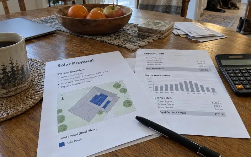 Printed solar proposal next to an electric bill and calculator on a kitchen table