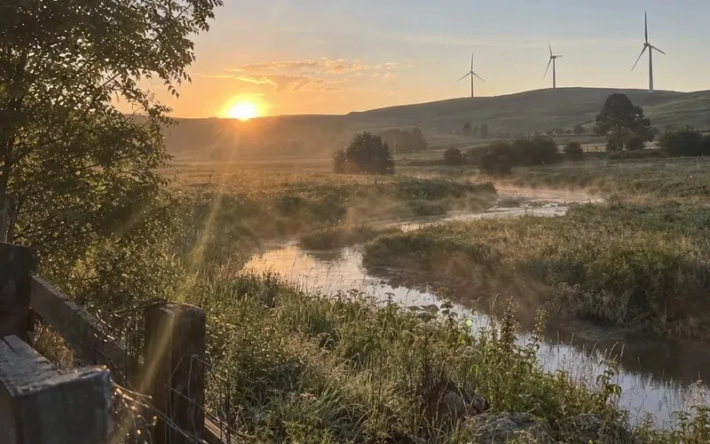 Sun rising over wind turbines on a hill with a creek in the foreground