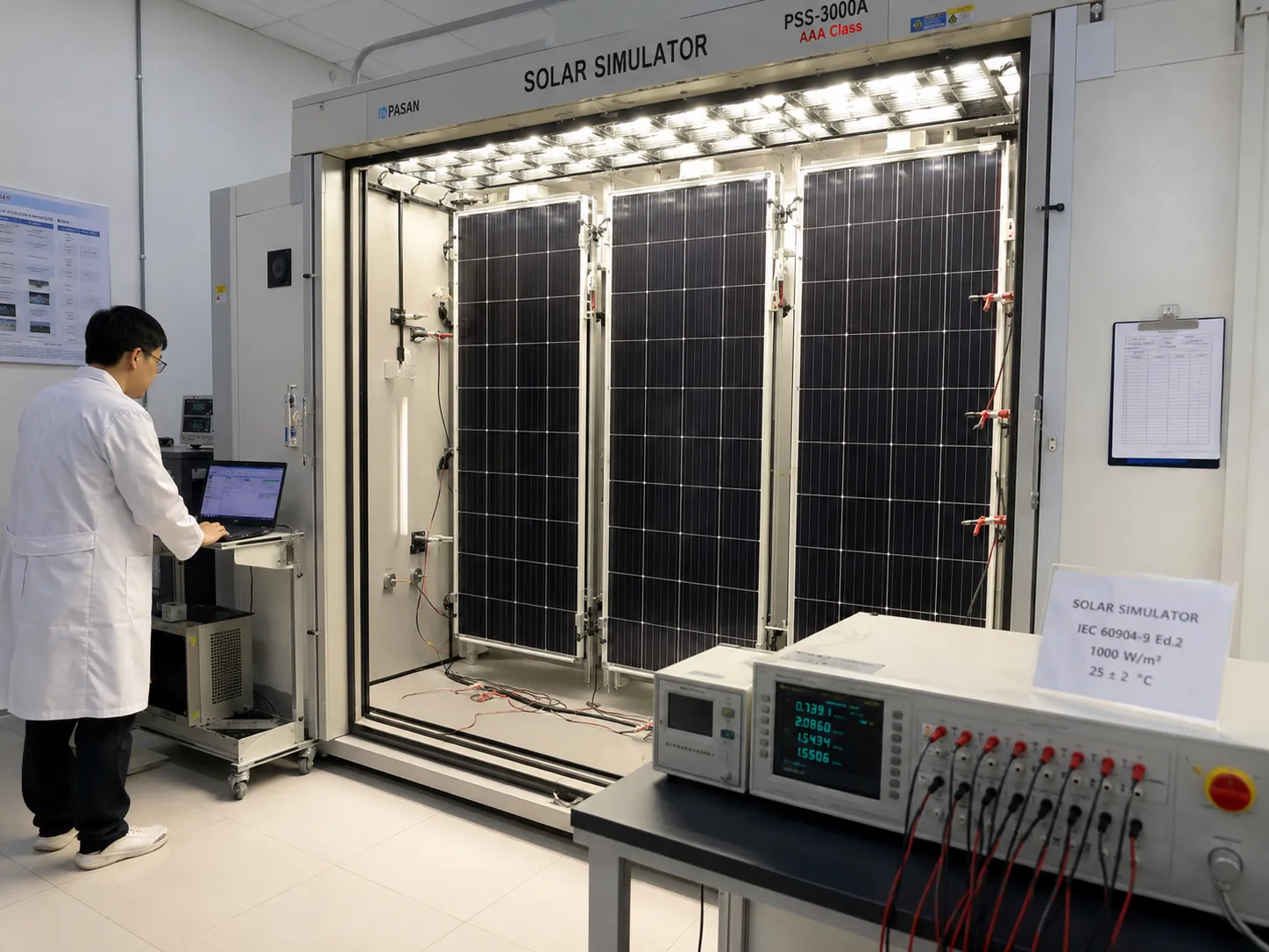 Utility-scale solar installation with ground-mounted panels stretching across an open field