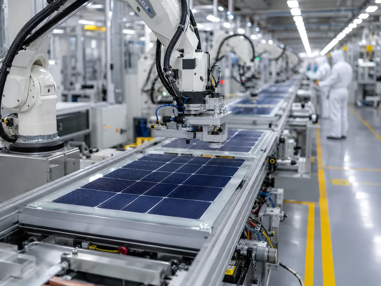 Close-up of N-type TOPCon solar cells on a modern production conveyor