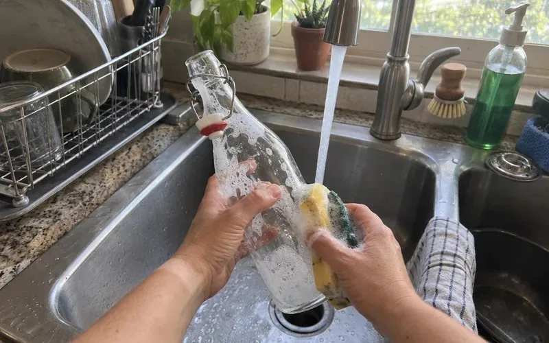 Hands washing a clear glass bottle with a soapy sponge at a kitchen sink