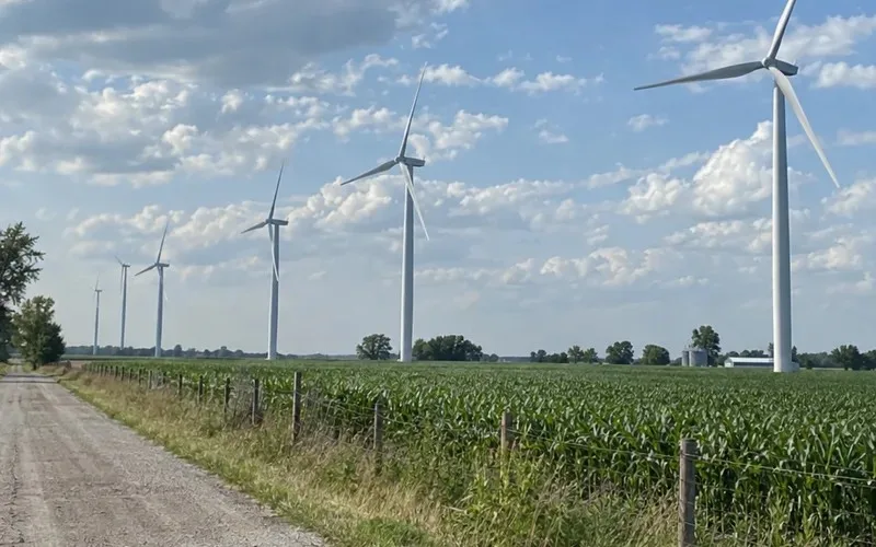 Wind turbines turning above open farmland on a breezy afternoon